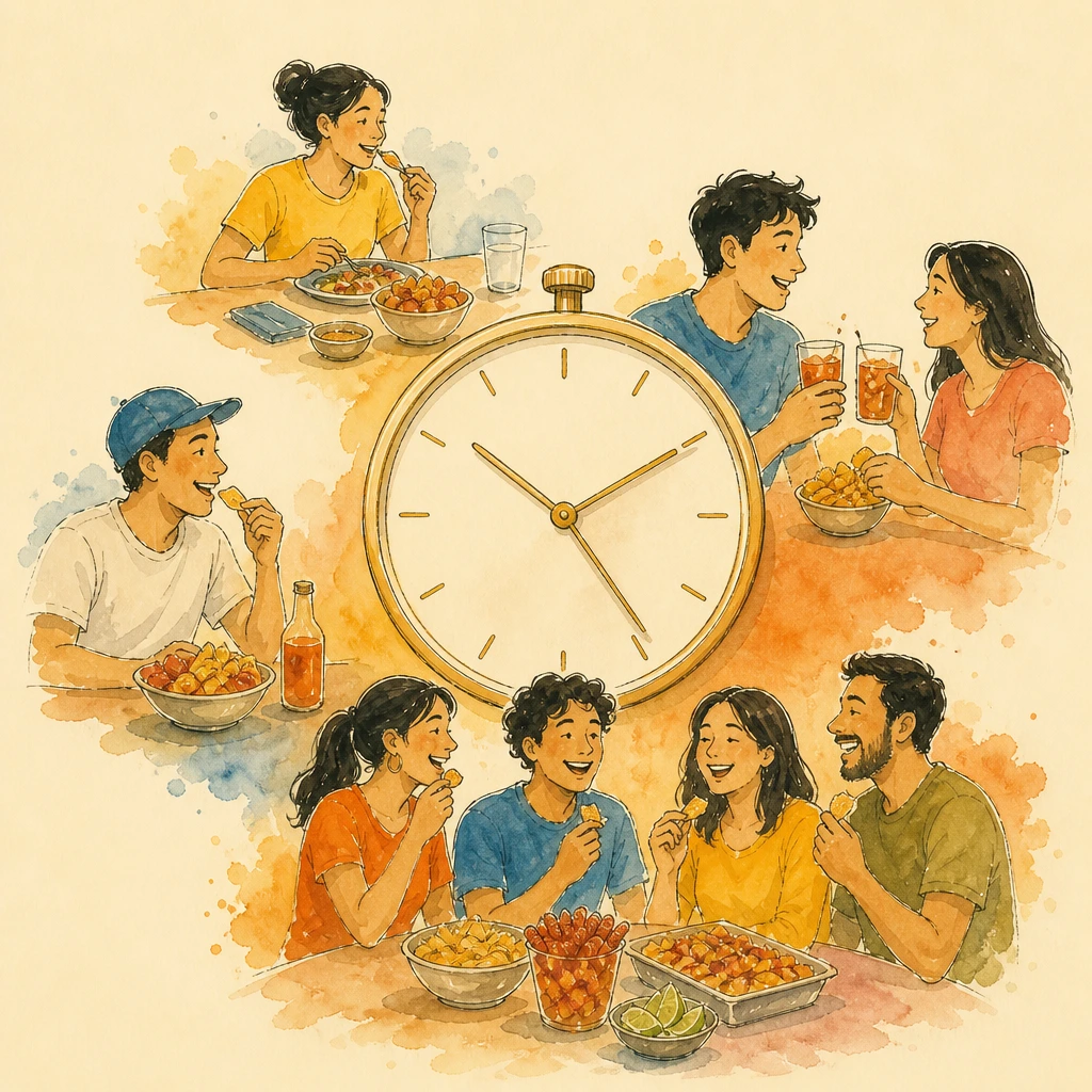 Ilustración de reloj y ritual de consumo de botanas